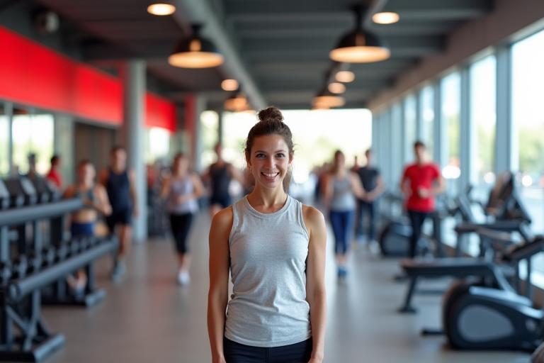Modernes und geräumiges Fitnessstudio mit glücklichen Trainierenden in Interaktion